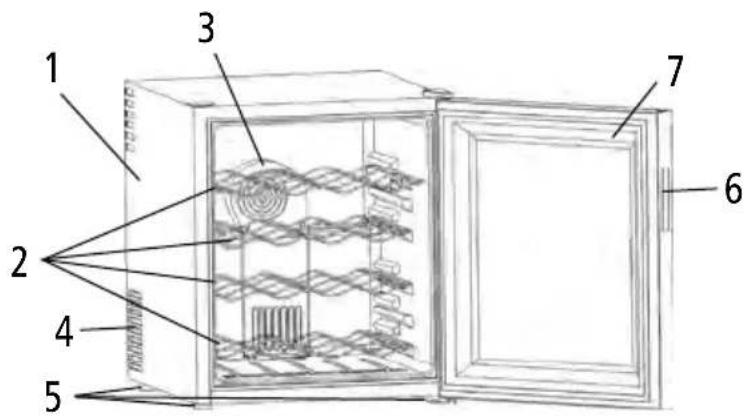 Technical diagram of an oven with numbered components and internal structure, likely for assembly or labeling.