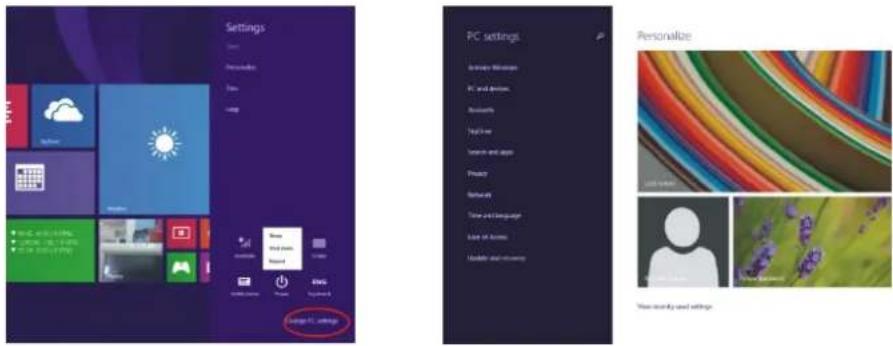 Settings Options Details Time Long New Find you Record Edit Save PC settings PC settings Activate Wi-Fi apps PC and other Accounts Helpbox Search and logp Privacy Software Time and language Use on access Modify and recovery Personalize New currently used settings