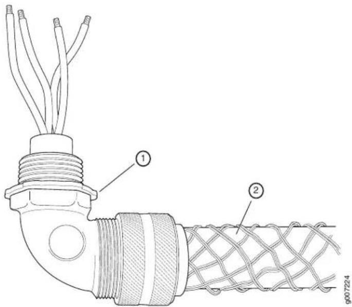 Technical diagram of a cable connector with labeled parts, showing wiring and cable termination details.
