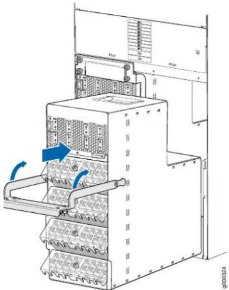 Technical diagram of a server rack with labeled components and directional arrows indicating movement or flow