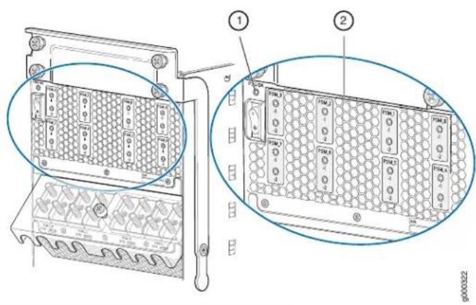 Technical diagram showing two views of a server rack with labeled components and connectors