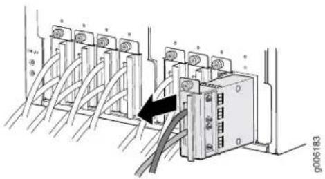 Diagram showing cable connection between two electronic devices with labeled ports and a black arrow indicating direction of connection.