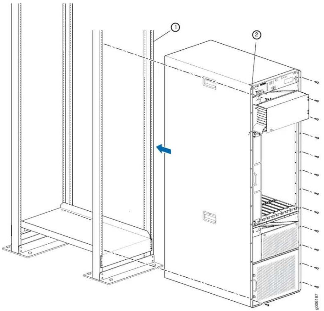 Technical diagram of a server rack with labeled components and a blue arrow indicating a directional flow or movement.