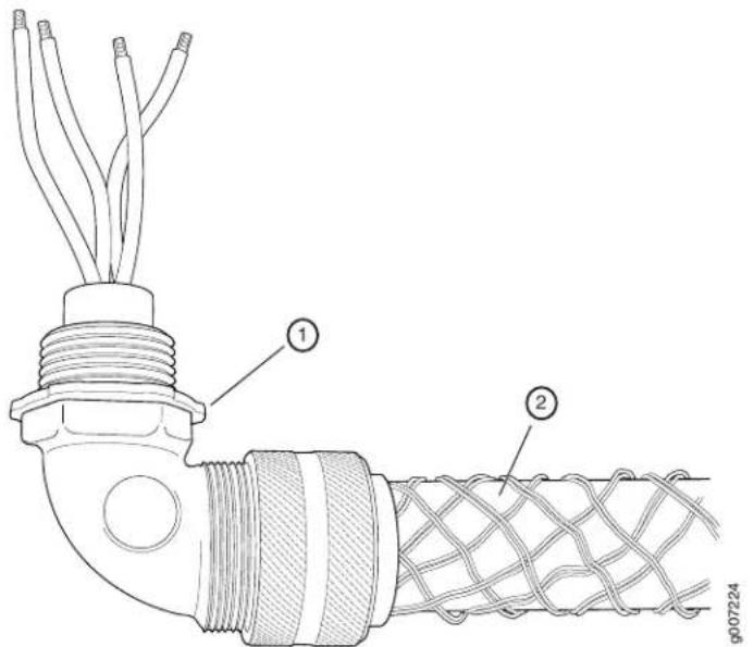 Technical diagram of a cable connector with labeled parts, showing wiring and cable termination details.