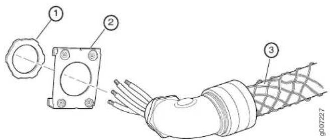 Technical diagram showing three labeled components of an electrical cable or connector assembly, including a housing, clamping, and coiled cable.