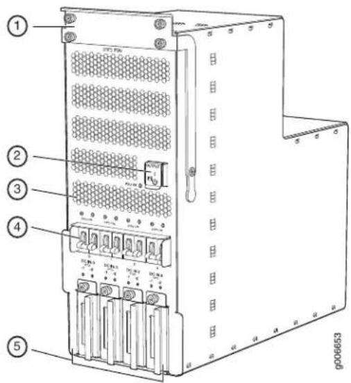 Technical diagram of an electronic device with labeled components including power, fuses, and connectors