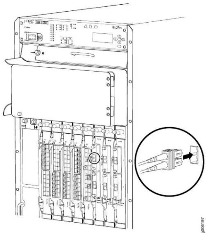 Technical diagram of a server rack with labeled ports and an inset showing a connector pin insertion.