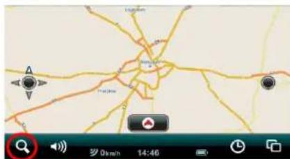 Screenshot of a mobile app interface showing a map with directional arrows and a search bar at the bottom.