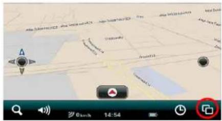 Screenshot of a mobile app interface showing navigation tabs, location panels, and a speedometer display.