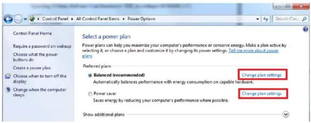Control Panel Home Require a password on wakeup Choose what the power buttons do Create a power plan Choose when to turn off the display Change when the computer sleeps Select a power plan Power plans can help you maximize your computer's performance or conserve energy. Make a plan active by selecting it, or choose a plan and customize it by changing its power settings. Tell me more about power plans Preferred plans Balanced (recommended) Change plan settings Automatically balances performance with energy consumption on capable hardware. Power saver Change plan settings Saves energy by reducing your computer's performance where possible. Show additional plans