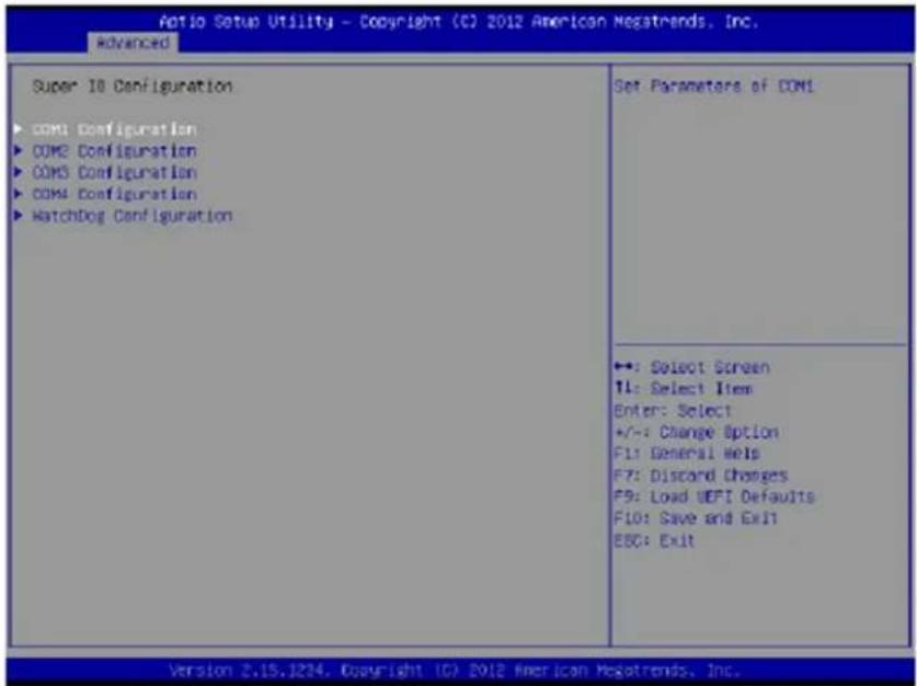 Action Setup Utility - Copyright (C) 2012 American Nestrends, Inc. Advanced Super 10 Configuration ► COM1 Configuration ► COM2 Configuration ► COM3 Configuration ► COM4 Configuration ► HatchDog Configuration Set Parameters of DOM1 ←: Select Screen T1: Select Item Enter: Select +/-: Change Option F1: General Help F7: Discord Changes F9: Load UEFI Defaults F10: Save and Exit ESC: Exit Version 2.15.1224. Copyright (C) 2012 American Nestrends, Inc.