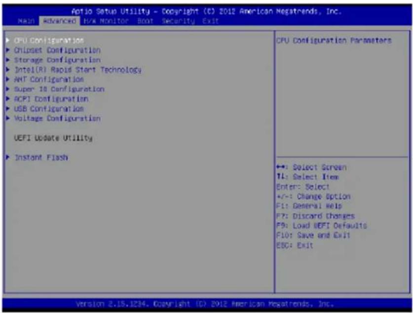 Aptio Setup Utility - Copyright (C) 2012 American Negatrends, Inc. MAIN ADVANCED I/O Monitor BOOT Security Exit ▶ CPU Configuration ▶ Chipset Configuration ▶ Storage Configuration ▶ Intel(R) Rapid Start Technology ▶ ANT Configuration ▶ Super 10 Configuration ▶ ACPI Configuration ▶ USB Configuration ▶ Voltage Configuration UEFI Update Utility ▶ Instant Flash CPU Configuration Parameters ↔: Select Screen TI: Select Item Enter: Select +/-: Change Option F1: General Help F7: Discord Changes F9: Load NEFI Defaults F10: Save and Exit ESC: Exit Version 2.15.1234. Copyright (C) 2012 American Negatrends, Inc.