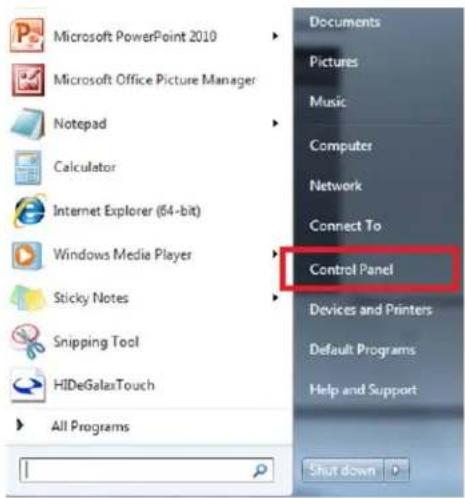 Microsoft PowerPoint 2010 Microsoft Office Picture Manager Notepad Calculator Internet Explorer (64-bit) Windows Media Player Sticky Notes Snipping Tool HIDeGalaxTouch All Programs Documents Pictures Music Computer Network Connect To Control Panel Devices and Printers Default Programs Help and Support Shut down