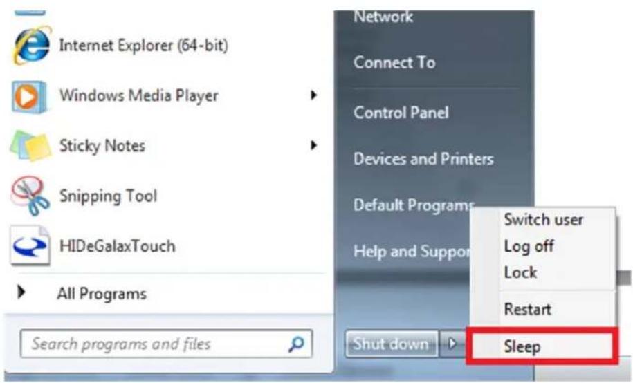 Internet Explorer (64-bit) Windows Media Player Sticky Notes Snipping Tool HIDeGalaxTouch All Programs Search programs and files Network Connect To Control Panel Devices and Printers Default Programs Help and Support Switch user Log off Lock Restart Shut down Sleep