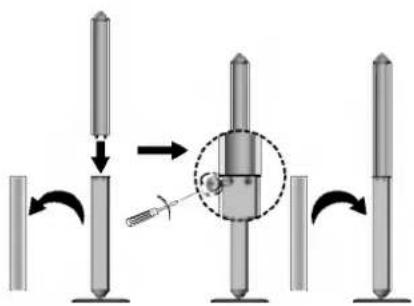 Diagram illustrating a mechanical assembly or disassembly process with labeled components and directional arrows indicating movement.