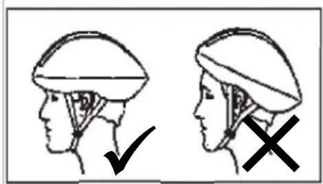 Diagram showing correct and incorrect head positions for a helmet, with checkmark indicating correct posture and cross mark indicating incorrect posture.