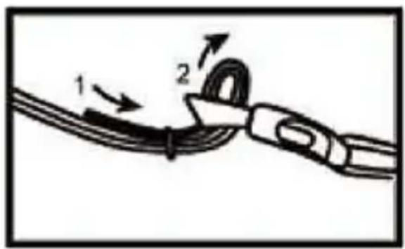 Diagram showing cable installation steps with numbered arrows indicating direction of movement