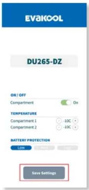 EVAKOOL DU265-DZ ON / OFF Compartment On TEMPERATURE Compartment 1 -10C + Compartment 2 -10C + BATTERY PROTECTION LOW Save Settings
