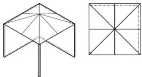 Two geometric diagrams: a simple 3D umbrella-like structure with triangular roof and a square grid with intersecting diagonals (no text or symbols)