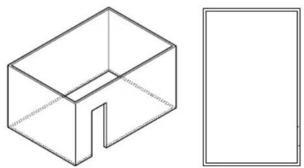 Isometric line drawing of a 3D rectangular box with a cutout and an adjacent empty rectangle (no text or symbols)