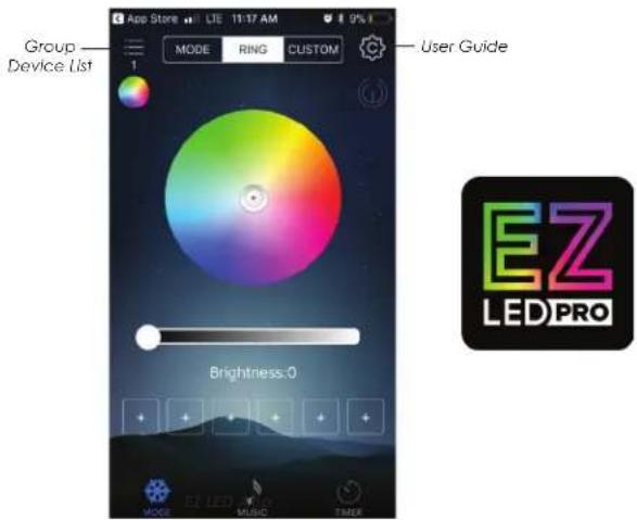 App Store LTE 11:17 AM 9% Group Device List MODE RING CUSTOM User Guide Brightness.0 EZ LED PRO