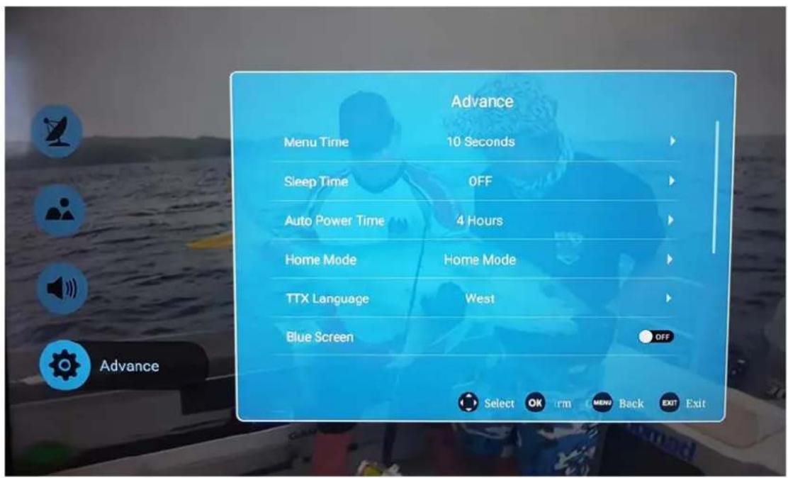 Advance Menu Time 10 Seconds Sleep Time OFF Auto Power Time 4 Hours Home Mode Home Mode TTX Language West Blue Screen OFF Select OK rm MENU Back EXIT Exit Advance