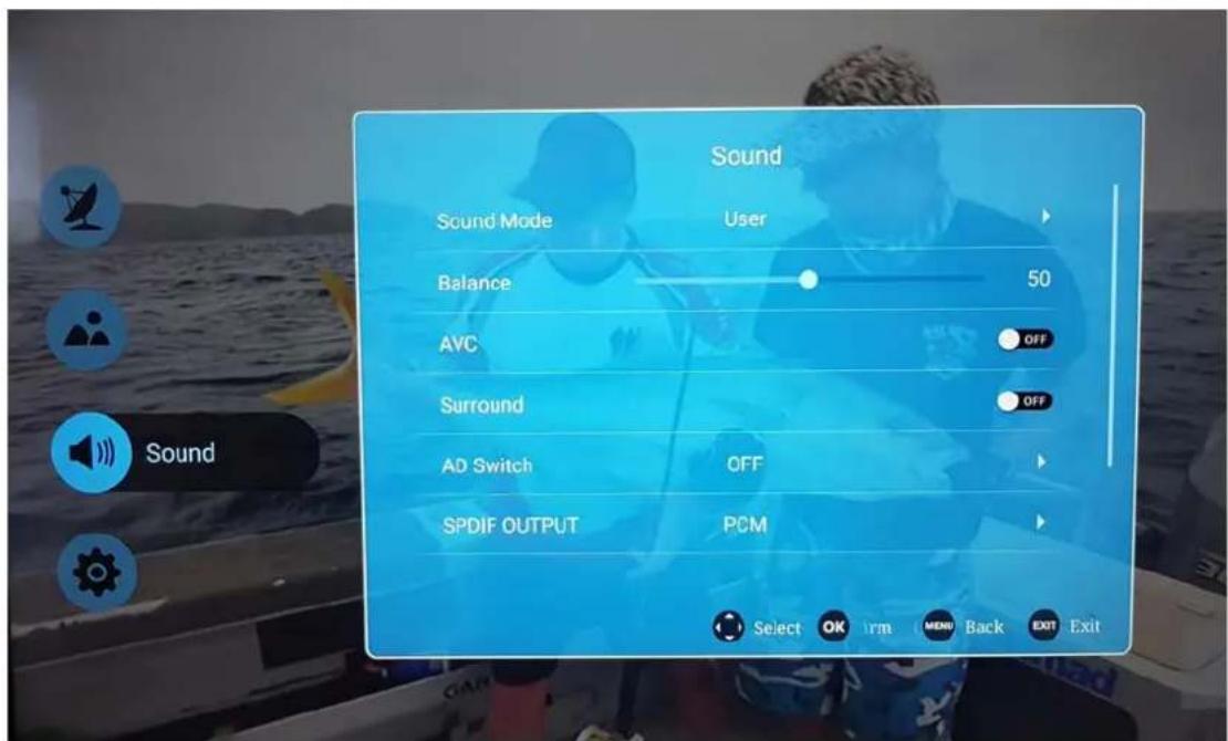 Sound Sound Mode User Balance 50 AVC OFF Surround OFF AD Switch OFF SPDIF OUTPUT PCM Select OK Turn Menu Back EXIT Exit
