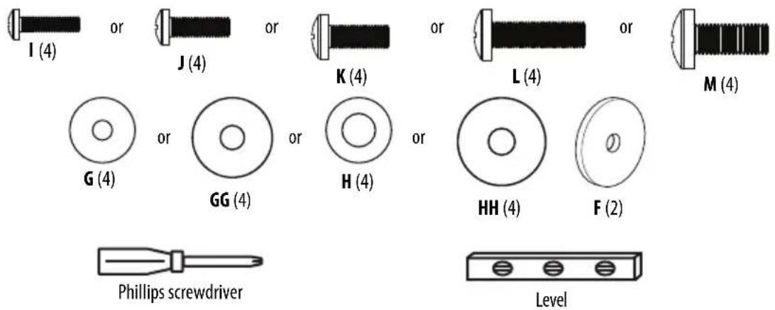 I (4) or J (4) or K (4) or L (4) or M (4) G (4) or GG (4) or H (4) or HH (4) F (2) Phillips screwdriver Level