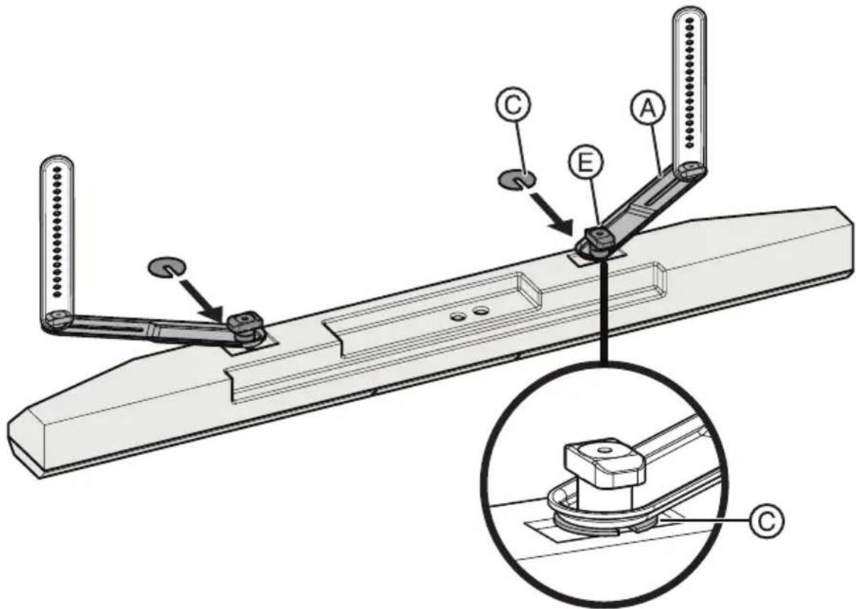 Technical diagram of a mechanical assembly with labeled parts A, C, and E, including an inset view of a bracket assembly.