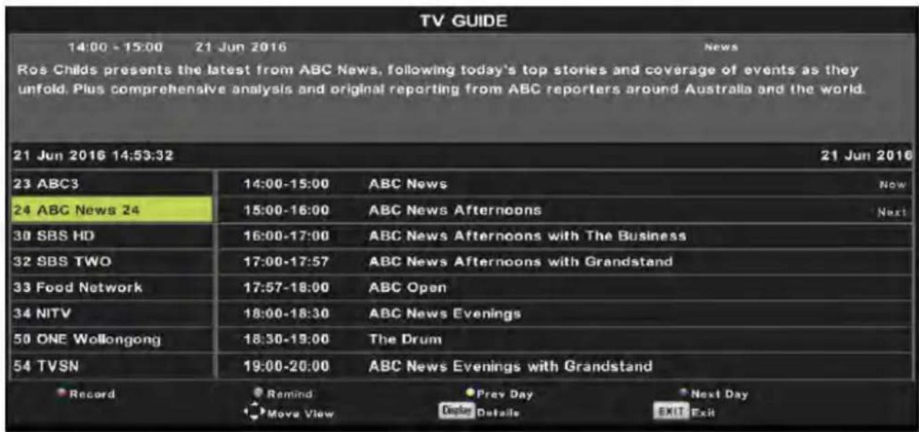 TV GUIDE 14:00 - 15:00 21 Jun 2016 News Ros Childs presents the latest from ABC News, following today's top stories and coverage of events as they unfold. Plus comprehensive analysis and original reporting from ABC reporters around Australia and the world. 21 Jun 2016 14:53:32 21 Jun 2016 23 ABC3 14:00-15:00 ABC News Now 24 ABC News 24 15:00-16:00 ABC News Afternoons Next 30 SBS HD 16:00-17:00 ABC News Afternoons with The Business 32 SBS TWO 17:00-17:57 ABC News Afternoons with Grandstand 33 Food Network 17:57-18:00 ABC Open 34 NITV 18:00-18:30 ABC News Evenings 50 ONE Wollongong 18:30-19:00 The Drum 54 TVSN 19:00-20:00 ABC News Evenings with Grandstand Record Remind Prev Day Next Day Move View Delete Details EXIT Exit