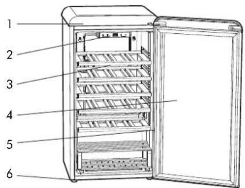 Labeled diagram of a refrigerator interior showing six numbered compartments with visible internal shelves and doors.