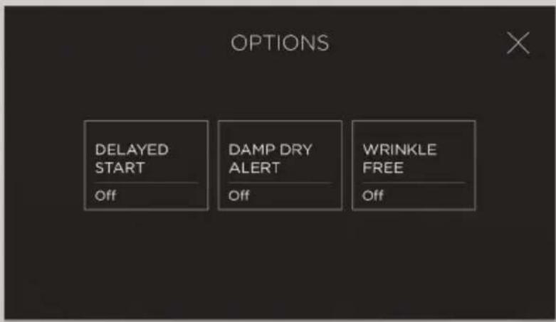 OPTIONS DELAYED START Off DAMP DRY ALERT Off WRINKLE FREE Off