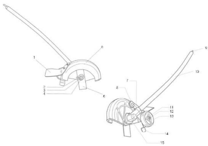 Technical diagram of a mechanical tool with numbered parts for identification