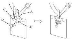 Technical diagram showing mechanical assembly with labeled parts A, B, C, D and a transformation arrow indicating process.