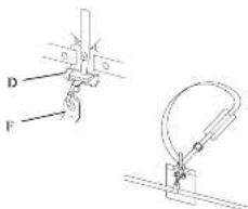 Technical diagram showing mechanical assembly with labeled parts D and F, including a spring scale and support structure.