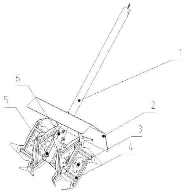 Technical diagram of a mechanical assembly with numbered components labeled 1 through 6