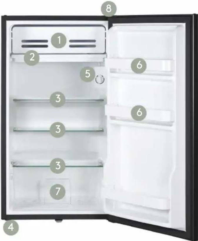 Diagram of an open refrigerator with numbered compartments for identification