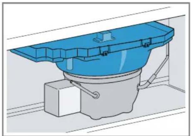 3D technical illustration of a blue industrial bucket mounted on a concrete structure (no text or symbols)