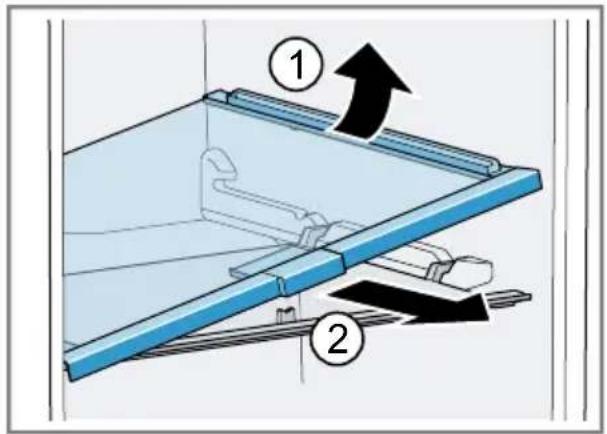 Diagram showing a mechanical assembly with labeled parts and directional arrows, likely illustrating a motion or assembly process.
