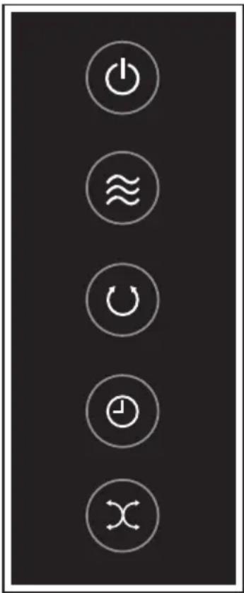 Vertical menu or control panel with five circular icons labeled with power, water, switch, clock, and cross symbols