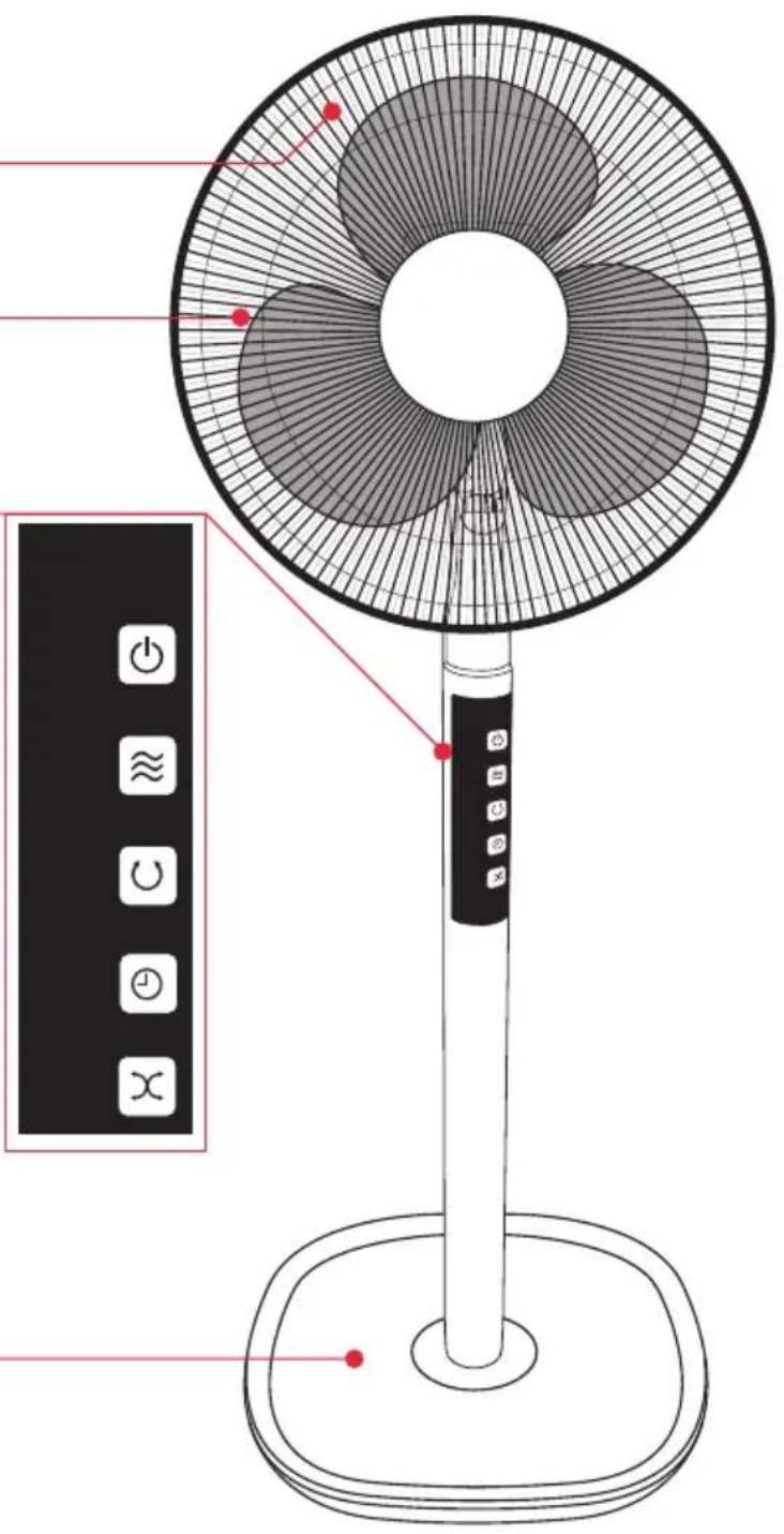 Diagram of a 16-inch electric fan with labeled buttons and power rating indicators