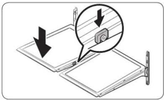 Diagram showing a device being inserted into a panel, with arrows indicating direction and a magnified inset highlighting the component.