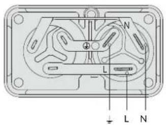 Technical diagram of an electrical socket with labeled pins and internal components