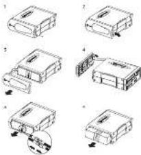 Diagram showing six steps of a device or package assembly with labeled components and directional arrows indicating movement.
