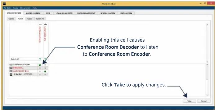 AMX N-Alpha Video Format AUDIO Format BWR LOCAL PLATLISTS UNIT MANAGEMENT SCROLL Format USD Format Number N2099 Number Number Select Alt Conference Room Distalda Lyole N2030 Dec 1.Xordon - VWP120 Enabling this cell causes Conference Room Decoder to listen to Conference Room Encoder. Click Take to ap…