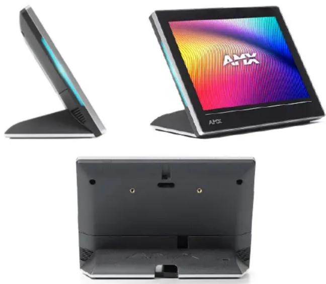 Three views of a modern electronic device with a colorful screen displaying 'AATX' logo, shown from different angles (top, front, side) against white background.