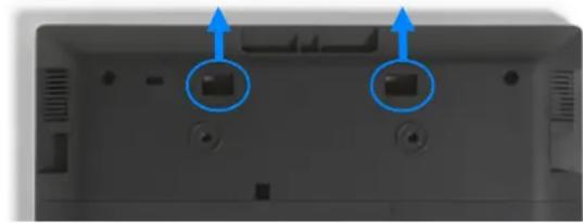 Back view of a laptop chassis showing two blue arrows pointing to the front panel (no text or symbols visible)