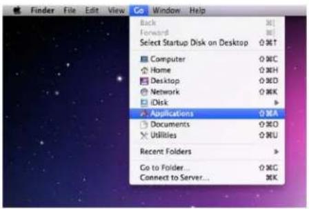 Finder File Edit View Go Window Help Back Forward Select Startup Disk on Desktop Computer Home Desktop Network iDisk Applications Documents Utilities Recent Folders Go to Folder... Connect to Server...