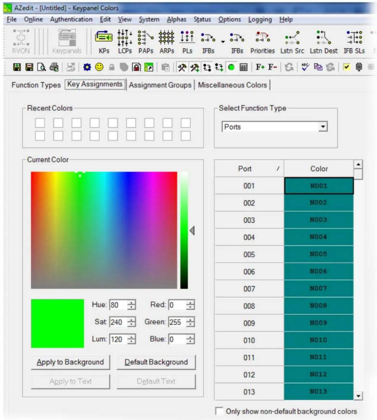 AZedit - [Untitled] - Keypanel Colors File Online Authentication Edit View System Alphas Status Options Logging Help RVON Keypanels KPs LCPs PAPs ARPs PLs IFBs IFBs Priorities Lstn Src Lstn Dest IFB SLs Function Types Key Assignments Assignment Groups Miscellaneous Colors Recent Colors Current Color Port / Color 001 N001 002 N002 003 N003 004 N004 005 N005 006 N006 007 N007 008 N008 009 N009 010 N010 011 N011 012 N012 013 N013 Apply to Background Default Background Apply to Text Default Text Only show non-default background colors