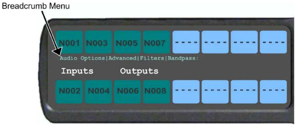 Breadcrumbs Menu N001 N003 N005 N007 Audio Options|Advanced|Filters|Bandpass: Inputs Outputs N002 N004 N006 N008